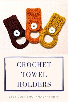 These crochet tea towel holders are a fantastic addition to any kitchen. You'll never need to pick up your towels from the floor after they've fallen from your stove or fridge again! Many other towel holders you see on Etsy use plastic rings in their construction, but the elastic used in these towel holders will stretch to fit many different sizes of towels, making it easier to use.  To attach the towel holder, it's as simple as sliding the top flap through the handle on your stove and folding over to clasp the button. Then, slide your favorite tea towel through the ring to keep it off the floor. 🎨 Many colors available - review the listing photos and choose colors in the drop-down box at checkout. Don't see what you're looking for? Reach out via our contact info below to ask about additi Crochet Dish Towels, Crochet Towel Holders, Crochet Towel Topper, Crochet Kitchen Towels, Kitchen Towel Holder, Crochet Towel, Hand Towel Holder, Handmade Towel, Crochet Kitchen