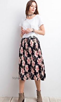 Penny Satin Pleated Floral Skirt With Elastic Waistband In Black Chic Long Pleated Skirt With Floral Print, Chic Long Floral Print Pleated Skirt, Casual Floral Print Midi Pleated Skirt, Casual Floral Print Pleated Midi Skirt, Casual Summer Pleated Skirt With Floral Print, Summer Long Floral Print Pleated Skirt, Casual Floral Print Pleated Flared Skirt, Casual Long Floral Print Pleated Skirt, Casual Long Pleated Floral Skirt