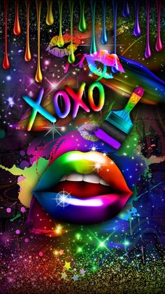 the word xoxo is painted in bright colors and dripping from it's mouth