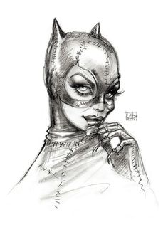 a drawing of a woman wearing a cat mask