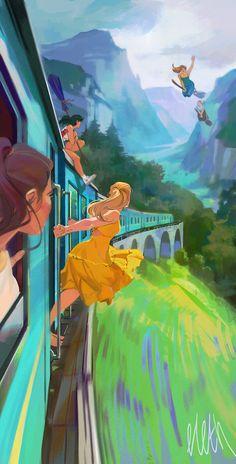 a painting of people on a train with mountains in the background and one person falling off