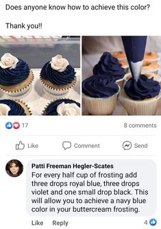 Dark Blue Birthday Cake For Men, How To Make Navy Blue Buttercream, Dark Blue Frosting, Navy Blue Frosting, Simple Easy Snacks To Make, How To Pipe Icing On Cupcakes, Navy Blue Icing, Blue Chocolate Cake, Dark Blue Cake