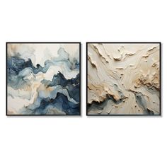 two abstract paintings, one in gold and the other in blue with white swirls