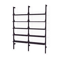 a black shelving unit with four shelves on each side and one shelf below it