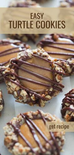 Close-up of Turtle Cookies featuring caramel, pecans, and chocolate, perfect for gifts and cookie exchanges. Turtle Cookies Recipe, Kraft Caramel Bits, Turtle Cookies, Caramel Pecan, Catering Food, Thumbprint Cookies, Food Trays, Chick Fil A, Fun Cookies