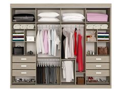 an organized closet with clothes and shoes