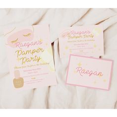 two pink and gold party cards on a white sheet with the words reagan's pamper party