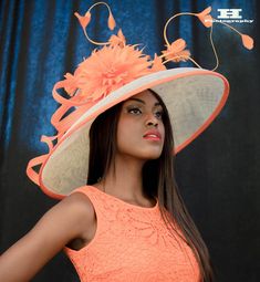 Ivory wide brim hat couture classical hat for elegant ladies. Wear it at the weddings, or church or Ascot or Derby or club events- you will be definitely make a statement! This hat is made of ivory and orange sinamay and adorned with large feather flowers and quills. Sinamay loops add an extra touch. It can be made in a wide range of colors and sizes..Please email me about the options and I'll try to make sure it happens for you. Also I'll make it fit right for you. Please try to order your hat Royal Ascot Ladies Day, Ascot Ladies Day, Derby Attire, Ivory Hat, Fashion Competition, Derby Fashion, Orange Hat, Royal Ascot Hats, Derby Outfits