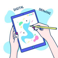 two hands holding a tablet with drawing on the screen and pencils in each hand