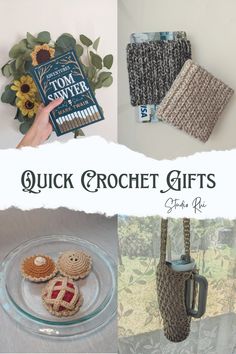 the quick crochet gifts book is on display in front of a window with sunflowers