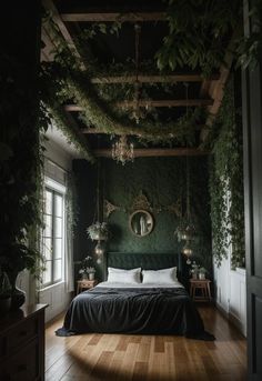 a bedroom with green walls and plants on the ceiling, along with a large bed