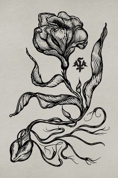 a black and white drawing of a flower