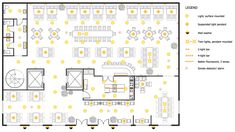 the floor plan for a restaurant with tables and chairs, lights, and seating areas