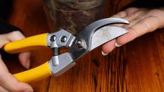 a person holding a pair of pliers on top of a wooden table