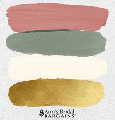 four different shades of gold, green, and pink on white paper with the words ann's bridal bargain