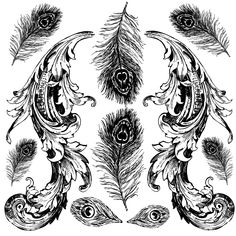 an ornate design with feathers and swirls on the sides, vintage line drawing or engraving illustration