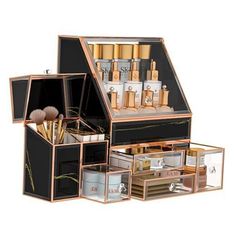 Return Policy Fast Delivery Trusted seller Makeup Organizer for Vanity Makeup Organizer Cosmetics Organizer Skincare Organizer Makeup Organizer Countertop,High Hardness Glass Makeup Storage Organizer,Black Gold Product Description Elegant and Durable Design: Crafted with high-strength toughened glass, this makeup organizer is purely handmade and features a unique design by renowned German designers. It's a beautiful addition to any vanity or bathroom countertop. Ample Storage Space: With multiple drawers and compartments, including a trapezoid drawer, three slot drawers, and a brush holder with included plastic pearls, this organizer offers 200% more storage space for all your makeup and skincare products. Versatile Usage: Perfect as a makeup organizer, bathroom counter organizer, vanity o Vanity Makeup Organizer, Countertop Makeup Organization, Makeup Organizer Countertop, Skincare Organizer, Glass Makeup, Makeup Storage Organizer, Bathroom Counter Organization, Makeup Storage Organization, Acrylic Organizer Makeup