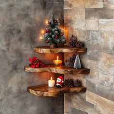 three wooden shelves with christmas decorations and candles on the top, along with pine cones