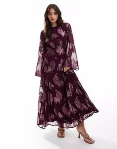 ASOS DESIGN metallic long sleeve midi dress with frill cuffs in purple | ASOS Eid Outfits, Long Sleeve Floral Dress, Sleeve Midi Dress, Satin Slip Dress, Long Sleeve Midi, Maxi Dress Trend, Saved Items, Long Sleeve Midi Dress, Hoodies For Sale