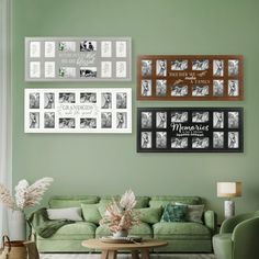 a living room with green walls and pictures on the wall above the couch, along with a coffee table