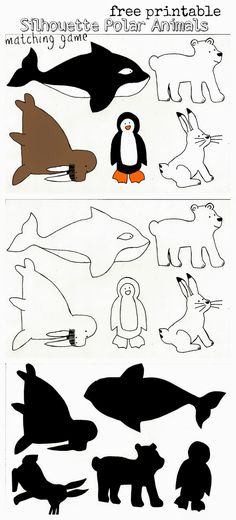 an image of children's paper cut outs with animals and penguins on them, all in black and white