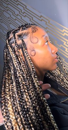 Braids With Patch Of Color, Box Braids Blonde And Brown, Blond And Black Box Braids, Blond Brown Black Braids, Blond Brown And Black Box Braids, Sparkle Braids, Box Braids Light Brown And Black, Colored Knotless Braids For Black Women, Twisted Hair