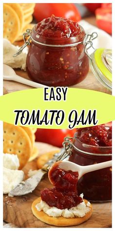 easy tomato jam recipe in a jar with cheese and crackers