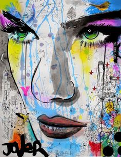 a woman's face with colorful paint and splatters on the wall behind her