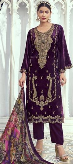 Purple and Violet color Salwar Kameez in Velvet fabric with Embroidered, Thread, Zari work Velvet Kameez, Velvet Kurta, Festival Attire, Pakistani Style, Embroidery Online, Indian Dresses Traditional, Velvet Suit, Velvet Trousers, Silk Trousers