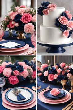 three different pictures of a wedding cake with pink and blue flowers on it