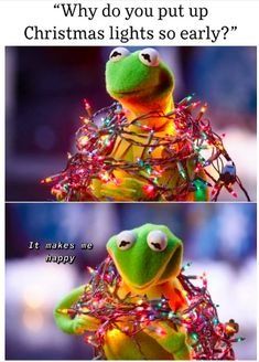 kermik the frog sitting on top of a christmas tree