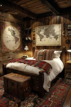 a bed room with a large map on the wall