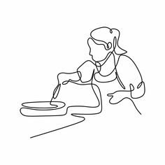 a continuous line drawing of a person pouring something into a bowl with a spoon in it