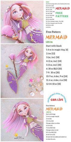 the instructions for how to make an adorable mermaid doll with long pink hair and tail