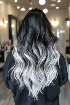 Transform your look with 30+ stunning grey and silver highlights for black hair, updated for 2024. ✨🖤🌟 #GreyHighlights #SilverHighlights #BlackHair #HairTrends2024 #StunningLooks #FreshStyle Grey Dip Dye Hair, Grey Colored Hair, Grey Black Hair, Highlights For Black Hair, Black And Silver Hair, Black And Grey Hair, Black Hair Ombre, Dip Dye Hair, Hair Color Underneath