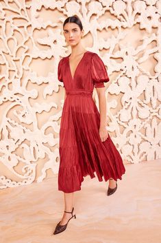 The Mirabelle is a refined yet statement-making dress in our silken plissé satin that’s saturated a deep claret red. Beautifully tiered throughout, it has a V-neckline framed by our signature puff sleeves, side pockets, and a floaty midi-length hem. It fastens with a concealed side zipper. Composition: 100% Polyester Silk Tiered Dress For Formal Occasions, Tiered Silk Formal Dress, Silk Tiered Formal Dress, Elegant Tiered Silk Dress, Formal Tiered Silk Dress, Silk Tiered Midi Dress For Evening, Tiered Silk Midi Dress For Evening, Formal Tiered Silk Maxi Dress, Elegant Red Tiered Midi Dress