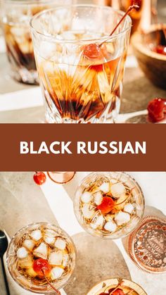 black russian cocktails with ice and cherries in glasses