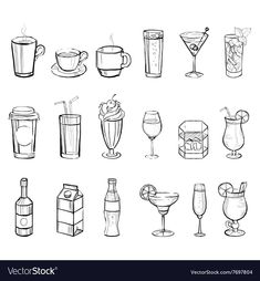 a set of different drinks and beverages