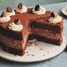 a chocolate cake on a plate with one slice cut out