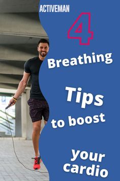 a man is walking his dog with the caption 4 breathing tips to boost your cardio