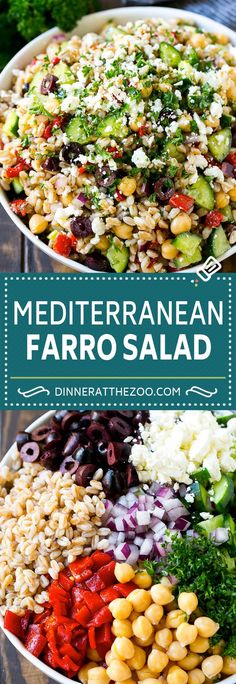 two bowls filled with different types of salads and the words mediterranean faro salad