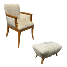 an upholstered chair and footstool are shown in two different positions, one with