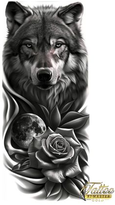 a wolf with a rose tattoo design on it's chest and shoulder, in black and white