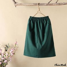 Olivia Mark - Cotton Linen Midi Skirt Casual Loose Literary Style Skirt Solid Color Half Skirt Non-stretch Green Skirt, Green Non-stretch Skirt With Elastic Waistband, Green Non-stretch Maxi Skirt, Green Cotton Midi Skirt, Non-stretch Cotton Pencil Skirt, Non-stretch Skirt With Pockets, Casual Green Skirt With Elastic Waistband, Green Midi Skirt With Pockets, Green Long Skirt With Pockets