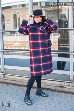 "Elegant long coat for women for autumn, winter and spring seasons. Stylish plaid coat made from soft and warm wool fabric. Feminine, button up wool coat with wide silhouette, classical open collar and two side pockets. It is perfect outside wear solution when warmth and elegance has to be combined! Your will love the quality and design. Sewn with meticulous attention to every detail! DETAILS: * Wool coat for maximum comfort and elegance * Plaid design and classical navy blue/red color combinati Plaid Long Wool Coat For Fall, Plaid Wool Coat With Long Sleeves, Plaid Wool Coat For Winter, Plaid Long Wool Coat, Plaid Wool Outerwear For Winter, Winter Wool Plaid Outerwear, Winter Plaid Wool Outerwear, Womens Long Coat, Coats For Women Winter