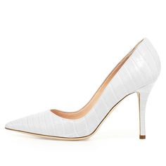 Indulge in sophistication with our White Croco Embossed Style Stiletto Heels Pumps. These heels boast a striking crocodile embossed design in a timeless white hue, perfect for adding a touch of elegance to your attire. With a slender stiletto heel and comfortable fit, these statement pumps are a must-have for any fashion-forward individual, ideal for various occasions from formal gatherings to casual outings. Handcrafted US sizing. Fits true to size. Heel Height: 4" / 100 mm approx Product measurements were taken using size 8. Please note that measurements may vary by size. Croco-Embossed Elegance: Crafted with a luxurious crocodile embossed texture for a sophisticated appearance. Stiletto Heel Design: Offers an alluring lift with a slender stiletto heel to elevate your style. Versatile Wh Luxury White Court Shoes With Deep Heel Cup, Elegant High Heels With Crocodile Pattern, Elegant Party Heels With Crocodile Pattern, Elegant Crocodile Pattern Heels For Party, Office High Heels With Crocodile Pattern, Crocodile Pattern High Heels For Office, Chic Formal Heels With Crocodile Pattern, Chic Crocodile Pattern Heels For Formal Occasions, Chic Crocodile Pattern Heels For Formal Events