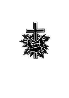 a black and white drawing of a cross with flowers on it's side, in the shape of a heart