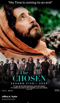 a movie poster for the chosen season five, featuring an image of a man with a scarf over his head