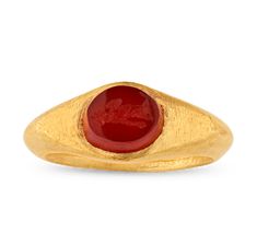 Exceptionally rare and dating back to the 2nd or 3rd century CE, the carved carnelian gemstone at the center of this ring originates from the Roman Empire. It displays a rich red hue and features an intricate intaglio carving of Ceres, the goddess of agriculture, grain crops, fertility and motherly relationships. This historic ring exudes the grandeur of late antiquity and serves as a symbol of rebirth, growth and motherhood. The millennia-old crimson carnelian is beautifully set into a high-carat yellow gold mounting. Gem carving, known as intaglio, is an ancient art form that traces its origins to the 14th century BCE. Practiced by early civilizations in Mesopotamia, Assyria and Phoenicia, it later flourished in Greece and Rome, though the intricate techniques of intaglio carving require Classic Red Intaglio Ring, Red Carnelian Signet Ring With Polished Finish, Red Oval Intaglio Ring, Goddess Of Agriculture, Gem Carving, Early Civilizations, Roman Man, High Car, Classical Dress