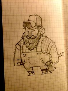 a drawing of a man with a hat and beard in front of a grid paper